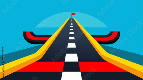 Perspective view of road leading to flag