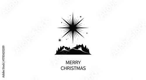 A radiant star shines brightly over a silhouette of snow covered pine trees and rolling hills conveying a peaceful merry christmas message