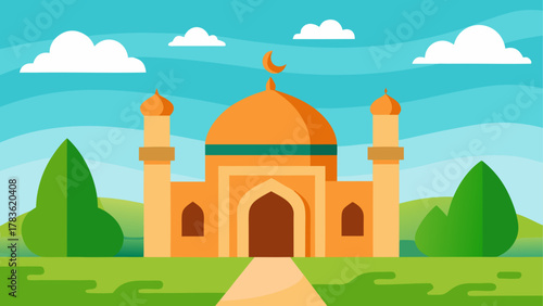Illustration of a mosque with green trees