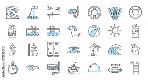 Collection of outline icons representing water park and swimming pool activities, including water slides, diving boards, pools, beach balls, umbrellas, sun, drinks, showers, lockers, waves, palm