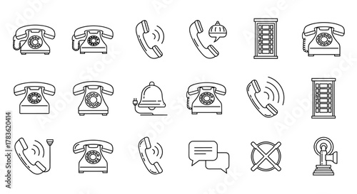 A comprehensive collection of vintage telephone-related line icons, featuring rotary phones, ringing handsets, telephone booths, and communication symbols, presented as outline signs perfect for