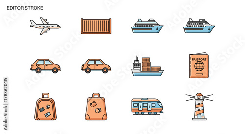 Set of thin line icons representing passenger and cargo transportation, including an airplane, shipping container, cruise ship, cargo ship, cars, luggage, train, and lighthouse, perfect for web