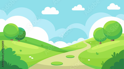 Cartoon landscape with path and greenery