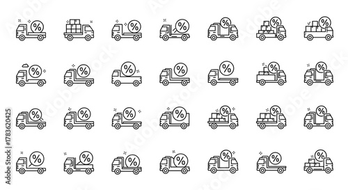 Set of thin line icons representing trucks with percentage signs, symbolizing discounts, sales, and special offers, isolated on a white background. This collection is perfect for e-commerce