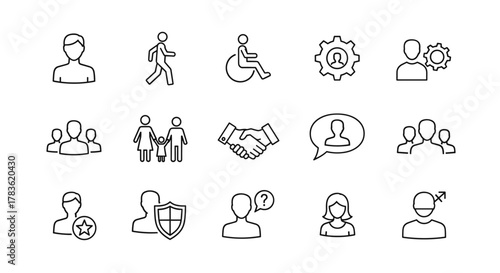 Collection of thin line outline icons representing diverse human figures and social interactions, including individuals, families, groups, a person in a wheelchair, a handshake, and a user profile