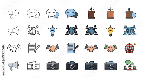 Public Relations Icon Set: A Diverse Collection of Line Icons in Multiple Styles on a Clean White Background, Featuring Megaphones, Speech Bubbles, Global Collaboration, Ideas, Handshakes, Documents