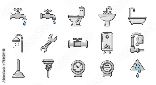 Collection of plumbing line icons with editable stroke, perfect for infographics, articles, books, flyers, and banners. Vector cartoon illustration featuring taps, toilet, sink, shower, bathtub