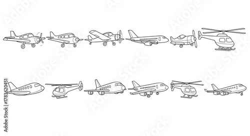 Collection of diverse aircraft outlines, including propeller planes, jets, and helicopters, presented in a clean, minimalist vector cartoon style on a white background, perfect for graphic design