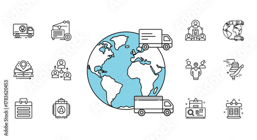 Global delivery and logistics concept, represented by a stylized Earth with trucks and various icons symbolizing shipping, transportation, networking, and business operations, suitable for web and