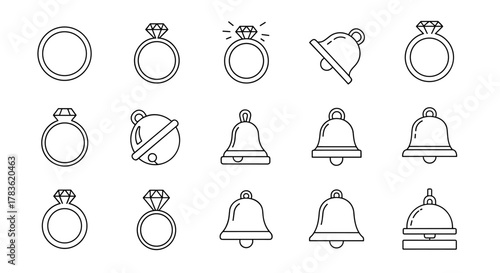 Collection of Line Icons Featuring Rings and Bells, Perfect for Infographics, Articles, Books, Flyers, and Banners. Editable Stroke Vector Cartoon Illustration on a White Background. Versatile Design