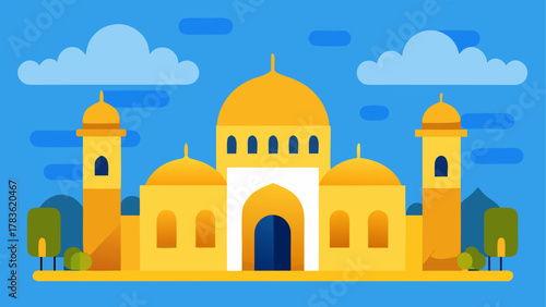 Illustration of a mosque under blue sky