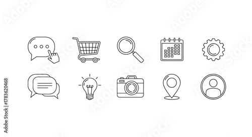 A collection of minimalistic linear icons representing common digital and business concepts, including a speech bubble with a pointer, a shopping cart, a magnifying glass, a calendar, a gear, a light