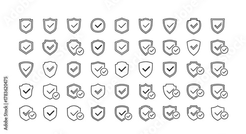 Collection of shield icons with check marks, representing security, protection, and verification. This ordered set of line art icons on a white background features various shield shapes, each