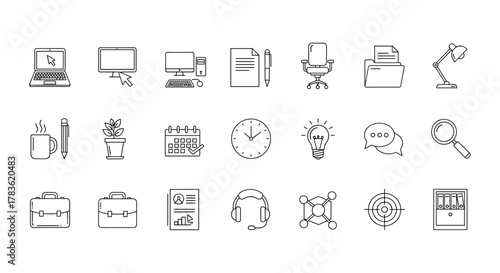 A comprehensive collection of outline icons representing various aspects of a modern workspace, including technology, office supplies, and business concepts. This editable stroke vector illustration