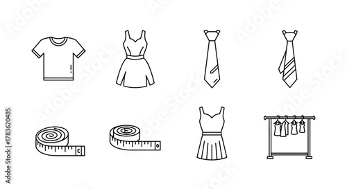 Modern line icon bundle for sewing and garments, featuring a T-shirt, dress, tie, and measuring tape, perfect for design, websites, apps, and cards, offering a clean and linear aesthetic for fashion