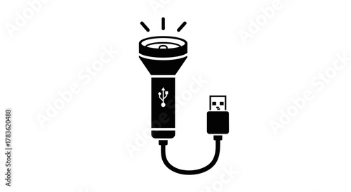 Set of camping flashlight related line icons, outline signs for graphic and web design, apps, adverts, various cards, vector cartoon illustration with USB charging port and cable, modern technology