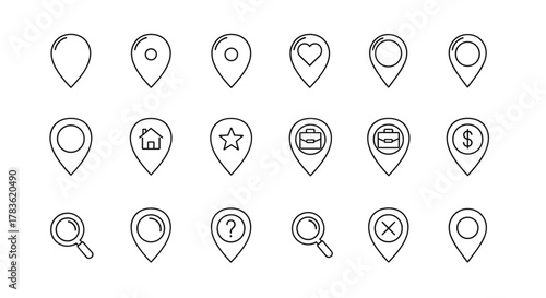 Set of minimalistic linear map pin icons for web and graphic design, apps, banners, social networks, and cards. This collection features a variety of icons including a heart, house, star, briefcase