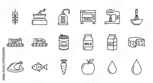 Set of food processing and production icons in line art style, featuring wheat, grinder, oven, mixer, whisk, conveyor belts, canned food, milk carton, cheese, roasted chicken, fish, carrot, apple
