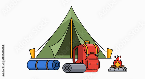 Outdoor Adventure Kit: Tent, Backpack, Sleeping Gear & Campfire Illustration