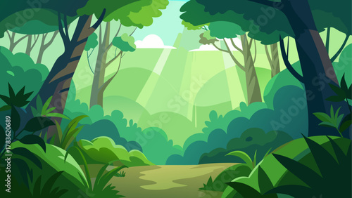 A cartoon forest with sunlight shining in