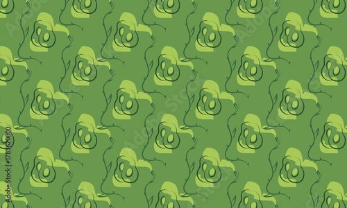 Avocado seamless pattern on a green background. Vector illustration in doodle style, promoting healthy eating only. Can be used as a pattern for towels, dishes, or bed linens.