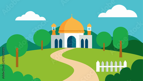 Cartoon mosque on a hill with trees around
