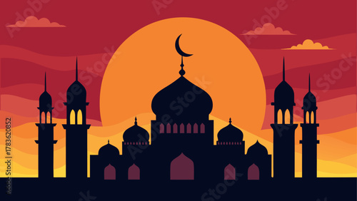 Silhouette of a mosque against sunset sky