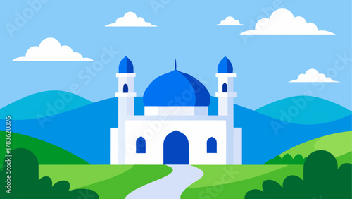 A mosque with a blue dome and white walls
