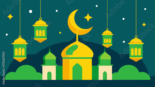 Mosque with lanterns and crescent moon art