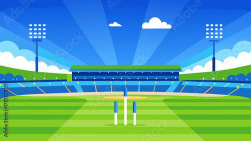 A cricket stadium with wickets and lights