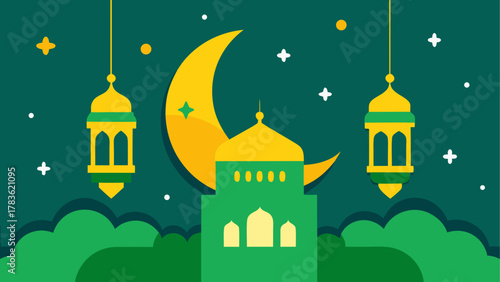 Illustration of mosque with moon and lamps