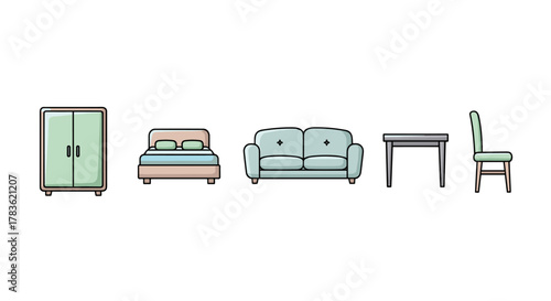 A vibrant collection of cartoon-style vector illustrations featuring essential furniture items: a spacious wardrobe, a comfortable bed, a plush sofa, a functional table, and a classic chair, perfect