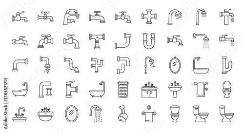 A comprehensive collection of minimalistic linear pictograms representing faucets, pipes, bathroom fixtures, and toilets, ideal for web design, graphic applications, mobile apps, banners, and social
