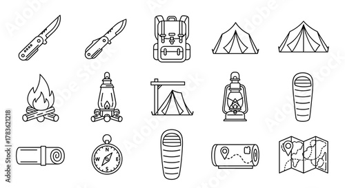 Camping line icon collection, featuring a folding knife, backpack, tents, campfire, lanterns, sleeping bags, compass, rolled sleeping mat, and map. Perfect for graphic and web design, apps, adverts