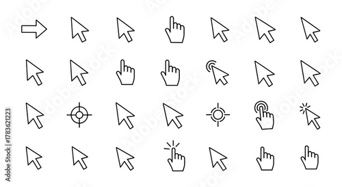 Collection of outline cursor icons, including standard arrow pointers, hand cursors, crosshairs, and clicking cursors, perfect for digital interfaces, infographics, articles, books, flyers, and
