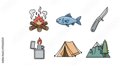 Vibrant collection of isolated outline icons representing camping and outdoor adventure elements: a crackling bonfire, a fresh fish, a practical folding knife, a cozy tent, a reliable lighter, and a
