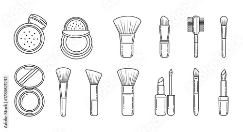 Collection of cosmetic outline icons for graphic and web design, apps, adverts, and various cards. This vector cartoon illustration features makeup brushes, lipsticks, and powder compacts on a clean