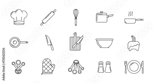 A collection of clean, minimalist line art icons representing various cooking and kitchen utensils, presented on a crisp white background, ideal for culinary websites, recipe apps, or food blogs.