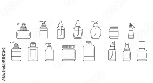 Collection of minimalistic thin outline icons representing various cosmetic and personal care bottles, including pump dispensers, dropper bottles, spray bottles, and jars, presented in a clean