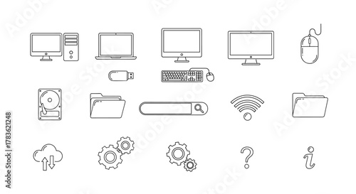 Computer and Monitor Thin Line Icon Set: A comprehensive collection of vector graphics featuring essential technology elements like monitors, computers, laptops, hard drives, USB drives, keyboards