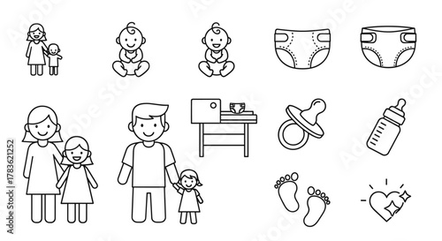Modern outline style icons depicting family life and baby essentials, including parents with children, babies, diapers, a changing table, pacifier, baby bottle, footprints, and a heart symbol