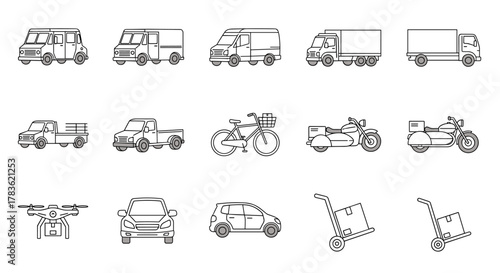 Set of thin line icons representing various delivery vehicles and transportation methods, including trucks, vans, cars, motorcycles, bicycles, drones, and hand trucks, perfect for web, apps, and
