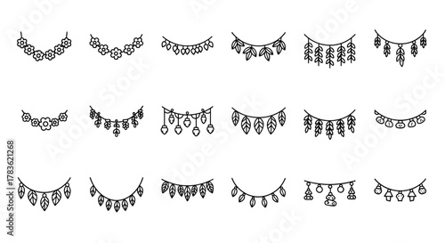 Collection of thin line icons representing various garlands, including floral, leaf, acorn, and festive designs, perfect for web, books, cards, and apps. This editable stroke vector cartoon