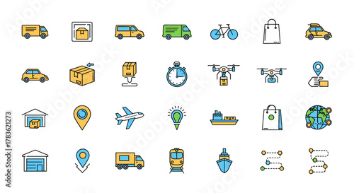 Vibrant and Modern Outline Style Icons Representing Delivery and Transportation: Cars, Trucks, Vans, Airplanes, Drones, Ships, Trains, Bicycles, Warehouses, Packages, Shopping Bags, Stopwatches, and