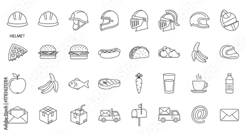 A versatile collection of outline icons featuring helmets, diverse food items like pizza, burgers, and tacos, fresh fruits, and mail-related graphics including envelopes and delivery trucks, perfect