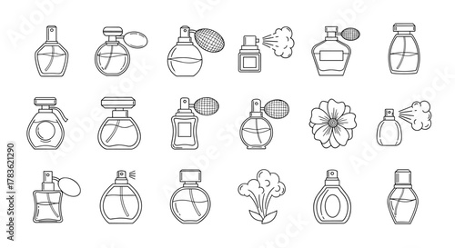 Collection of elegant perfume bottles and atomizers in a clean line art style, perfect for graphic design, app icons, and conceptual illustrations on a white background, showcasing various shapes and