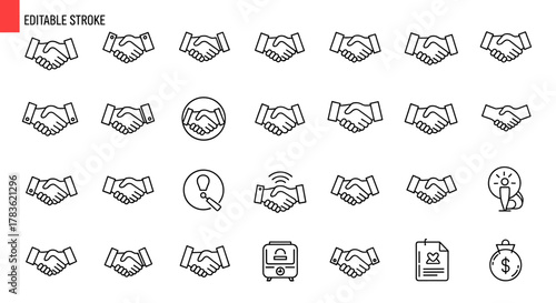 Handshake outline icon collection, editable stroke, perfect for infographics, articles, books, flyers, banners, vector cartoon illustration with a white background, representing agreement