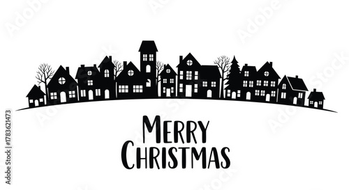 Charming black silhouette of a quaint village with festive trees and merry christmas text on a white background