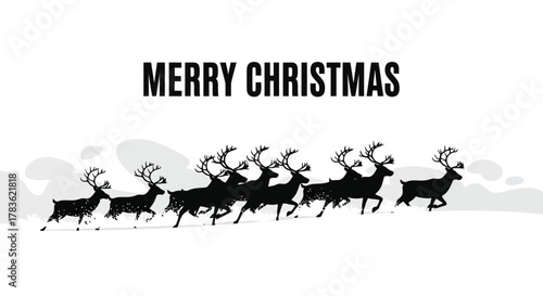 Silhouette of a herd of reindeer running through snow with merry christmas text above