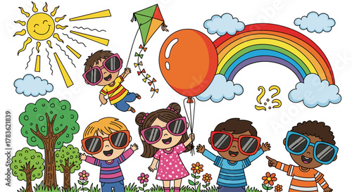 Vibrant hand-drawn doodle illustration of diverse children enjoying a sunny day outdoors, wearing sunglasses, flying a kite, holding a balloon, with a rainbow and cheerful sun in the background